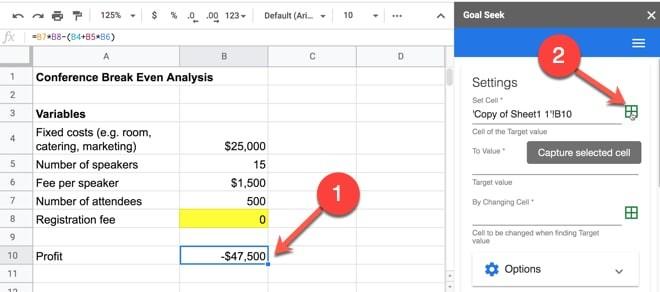 Chọn các ô trong Goal Seek cho Sheets